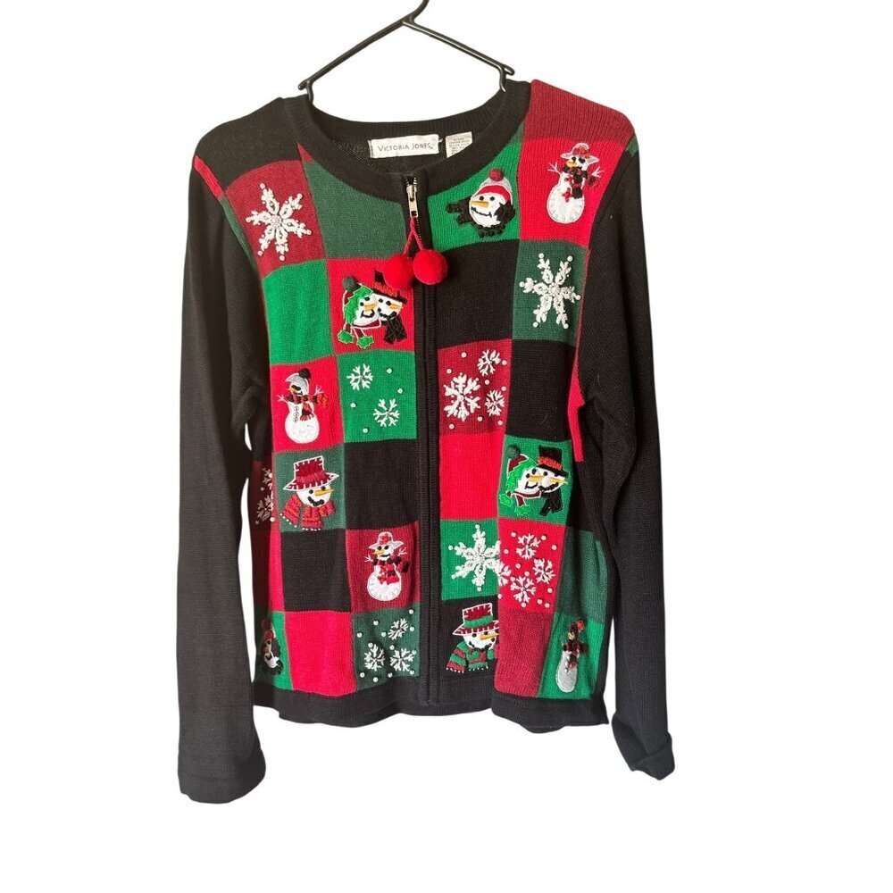 Victoria Jones Women's Red & Black Zipper Snowman Christmas Sweater - Picture 2 of 7